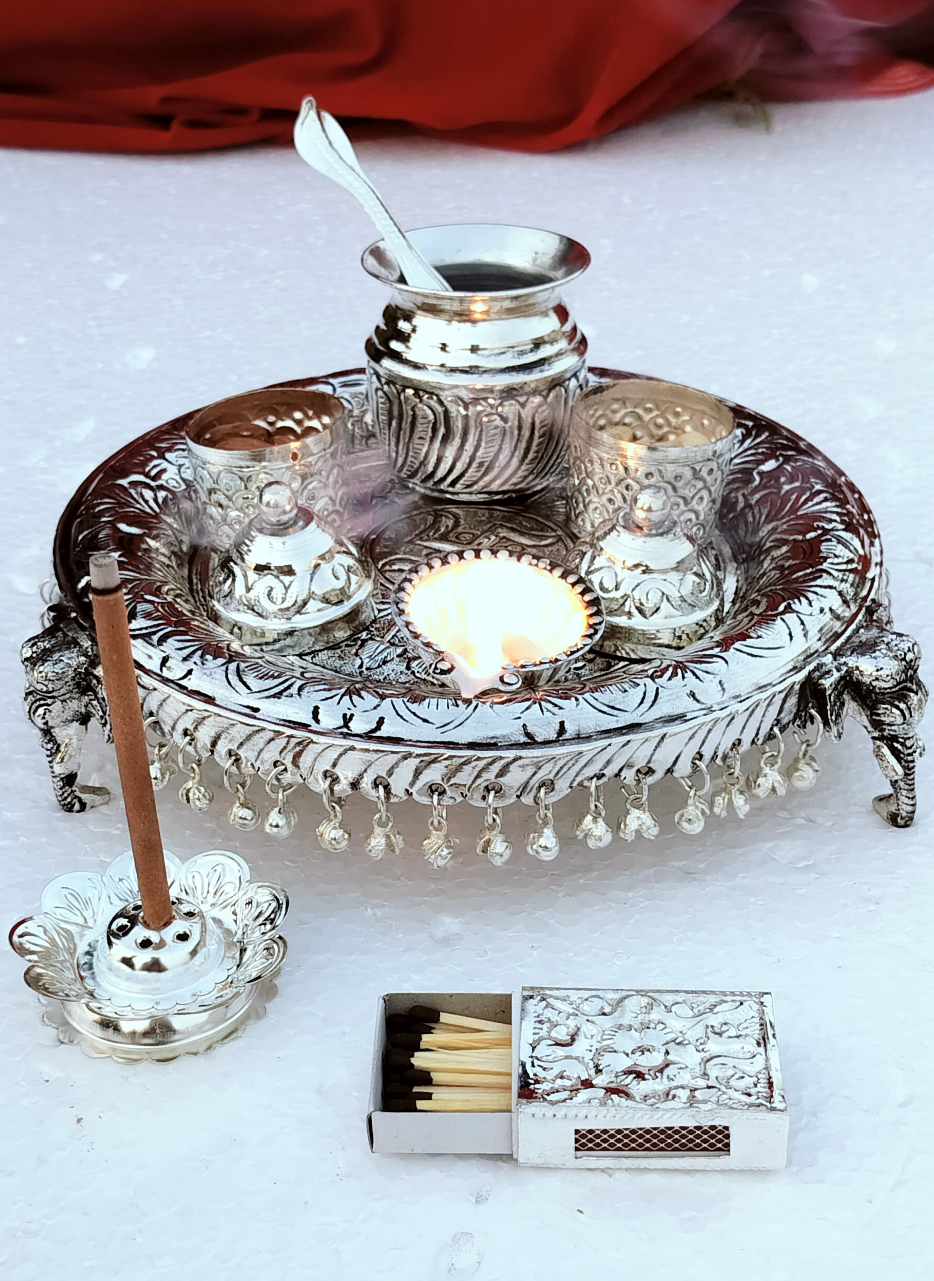 Antique finish German silver Elephant stand aarti thali set